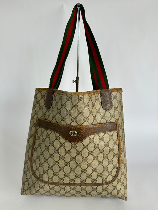 GUCCI VINTAGE GG Monogram Plus Tote Bag W/ Red/Green Web Straps