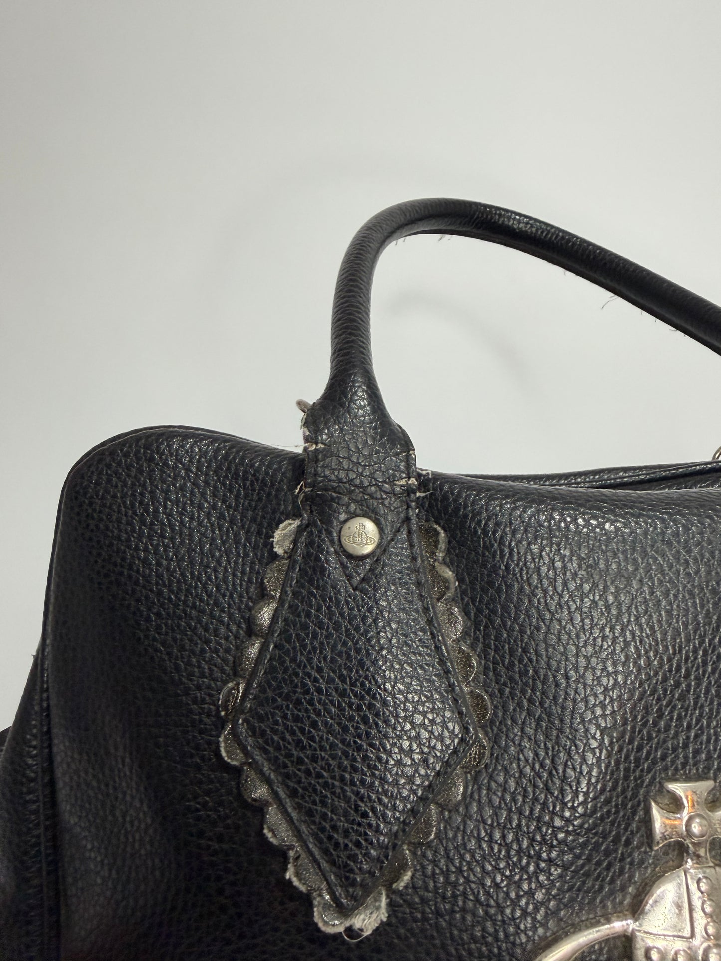 Vivienne Westwood Black Pebbled Leather Orb Logo Handbag with Shoulder Strap