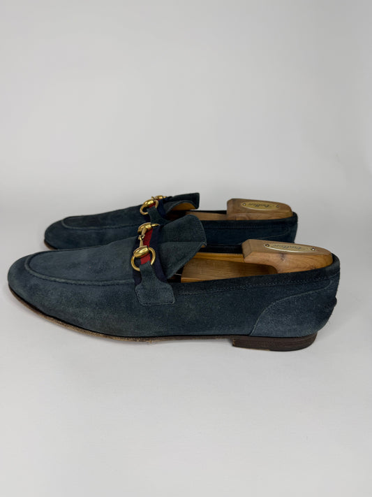Gucci Navy Blue Suede Web Horsebit Loafers Size 8.5 UK/ 9.5 US/ 42.5 EU