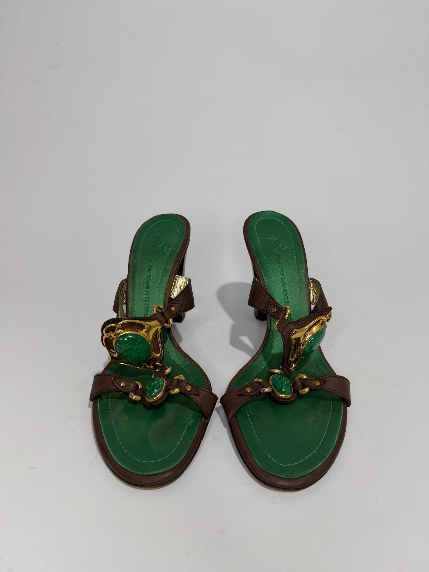 Giuseppe Zanotti Green Suede & Brown Leather Embellished Mule Heels EU 40/ 7 UK / 10 US