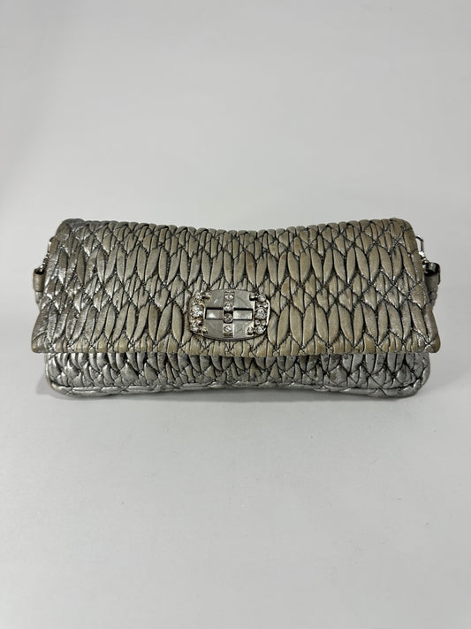 Miu Miu Silver Matelasse Leather Crystal Flap Shoulder Bag