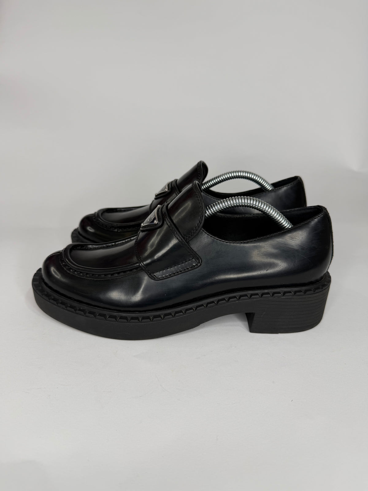 PRADA Vernice Metal Triangle Logo 50mm Loafers Size 37 EU/7 US/ 4 UK