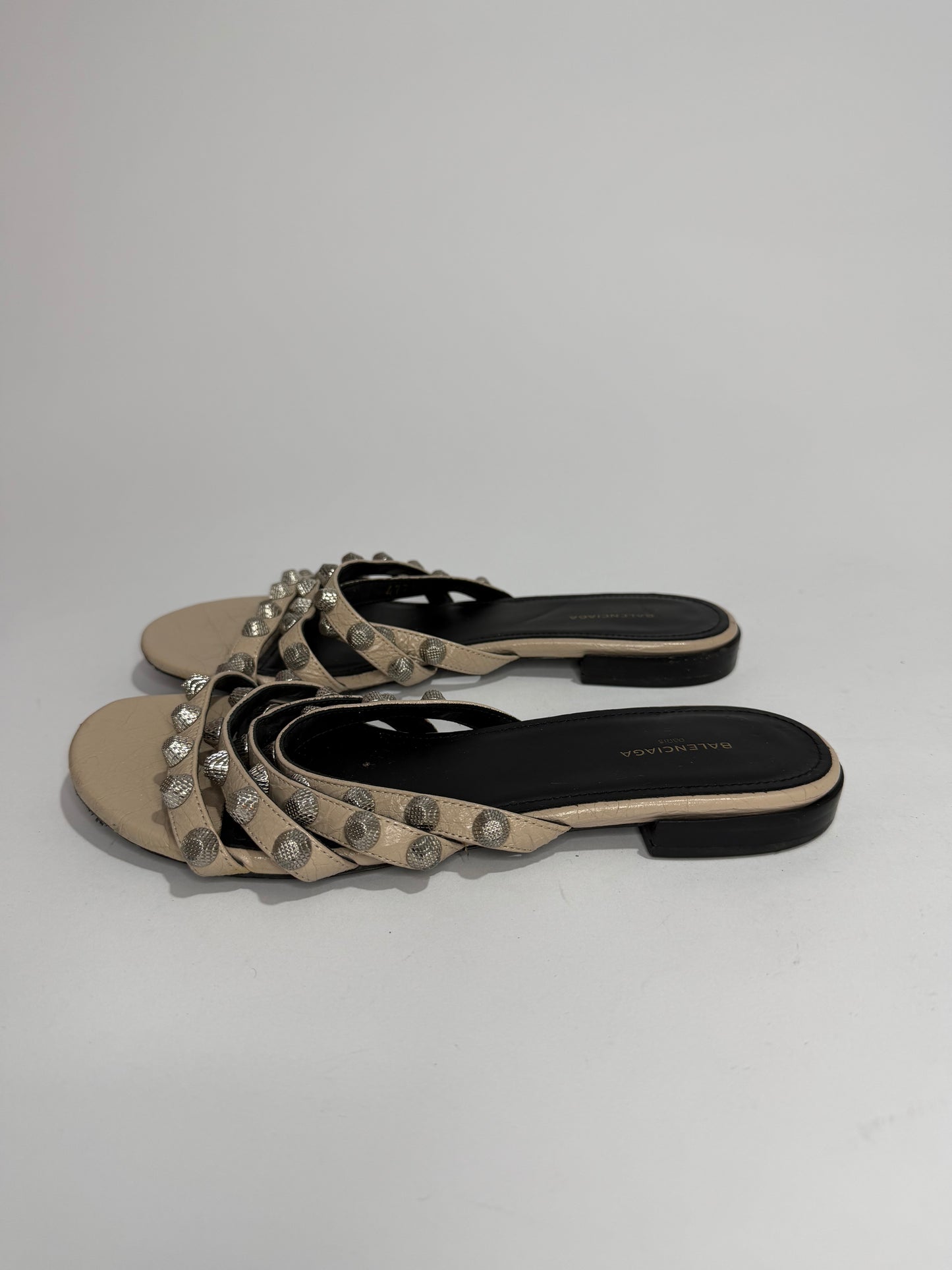 Balenciaga Beige Leather Arena Giant Studded Flat Slides Size 36