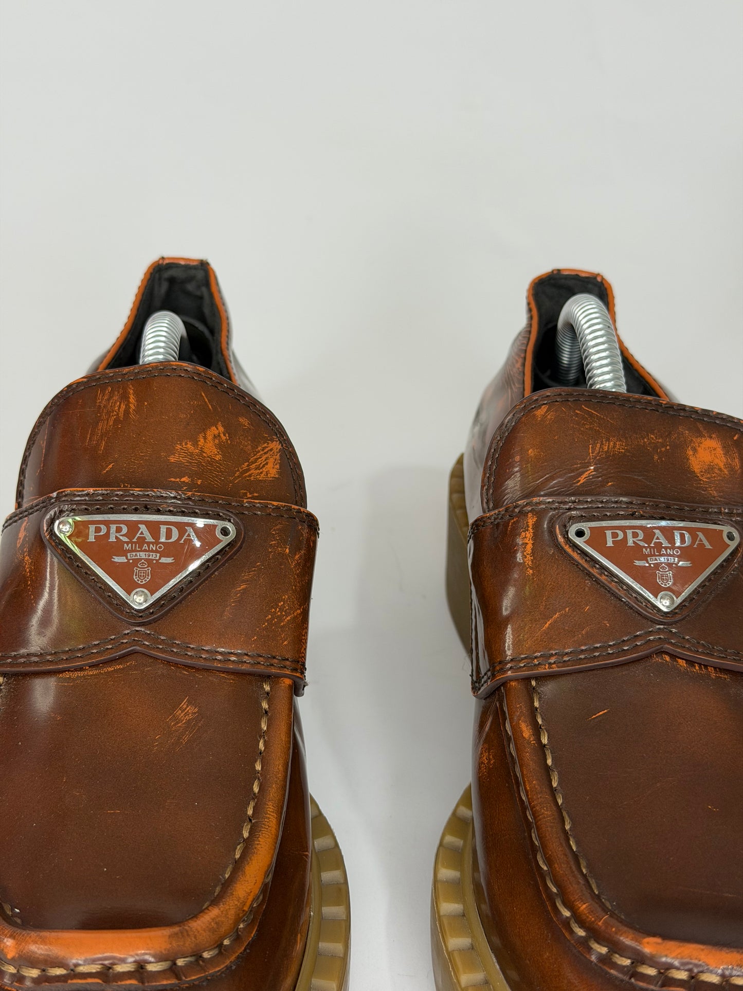 PRADA Vernice Metal Triangle Logo 50mm Loafers Size 37 EU/7 US/ 4 UK