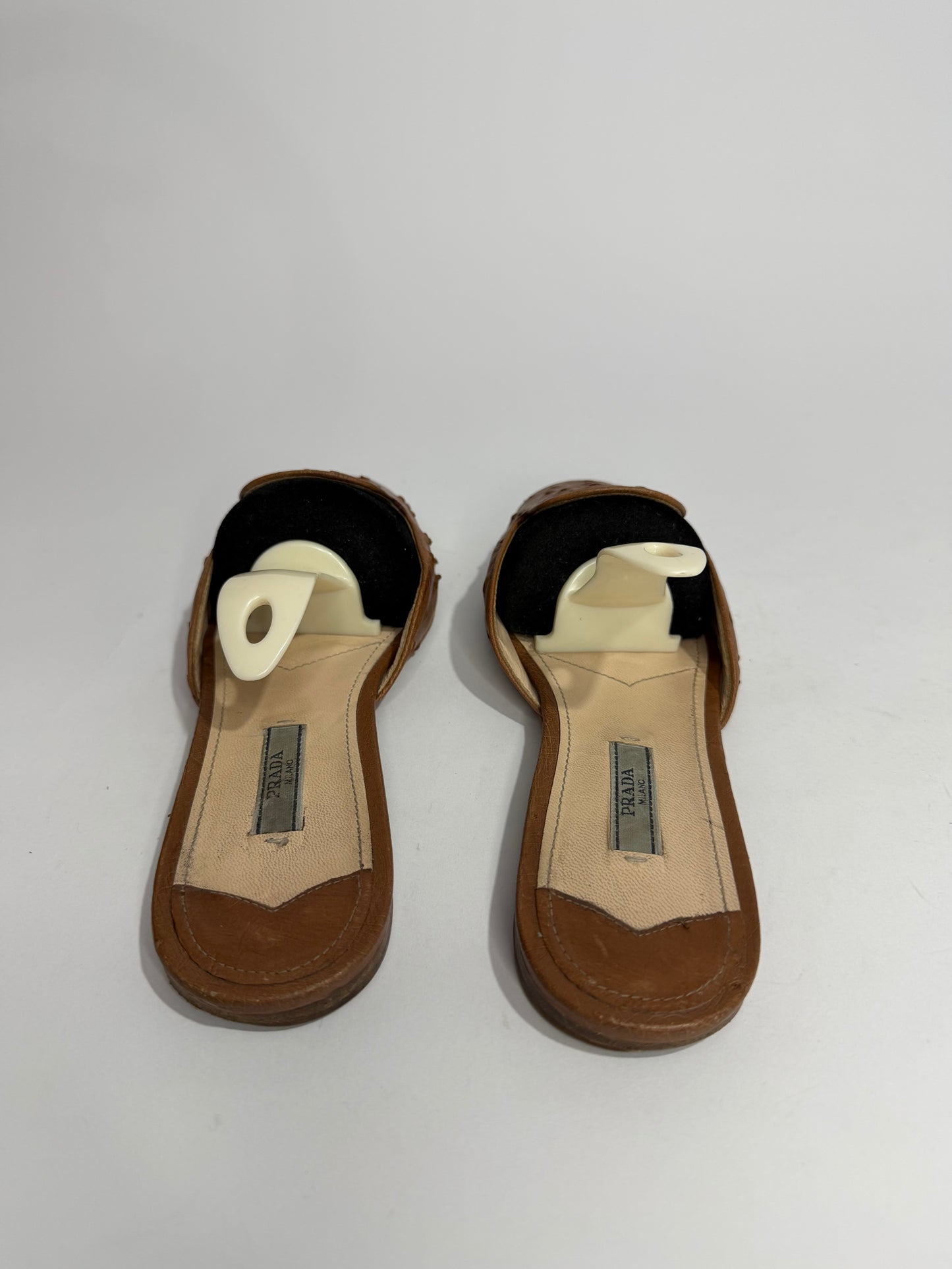 Prada Brown Ostrich Leather Flat Sandals Size 38.5 EU/8.5 US