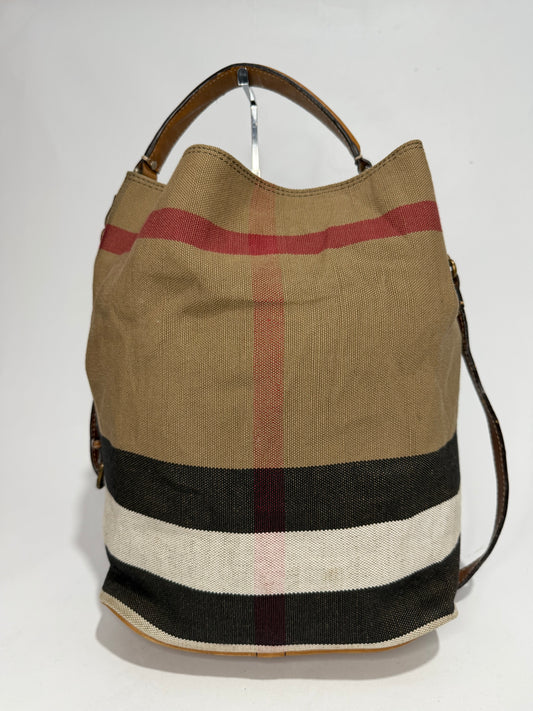 BURBERRY Canvas Mega Check Medium Ashby Hobo Saddle