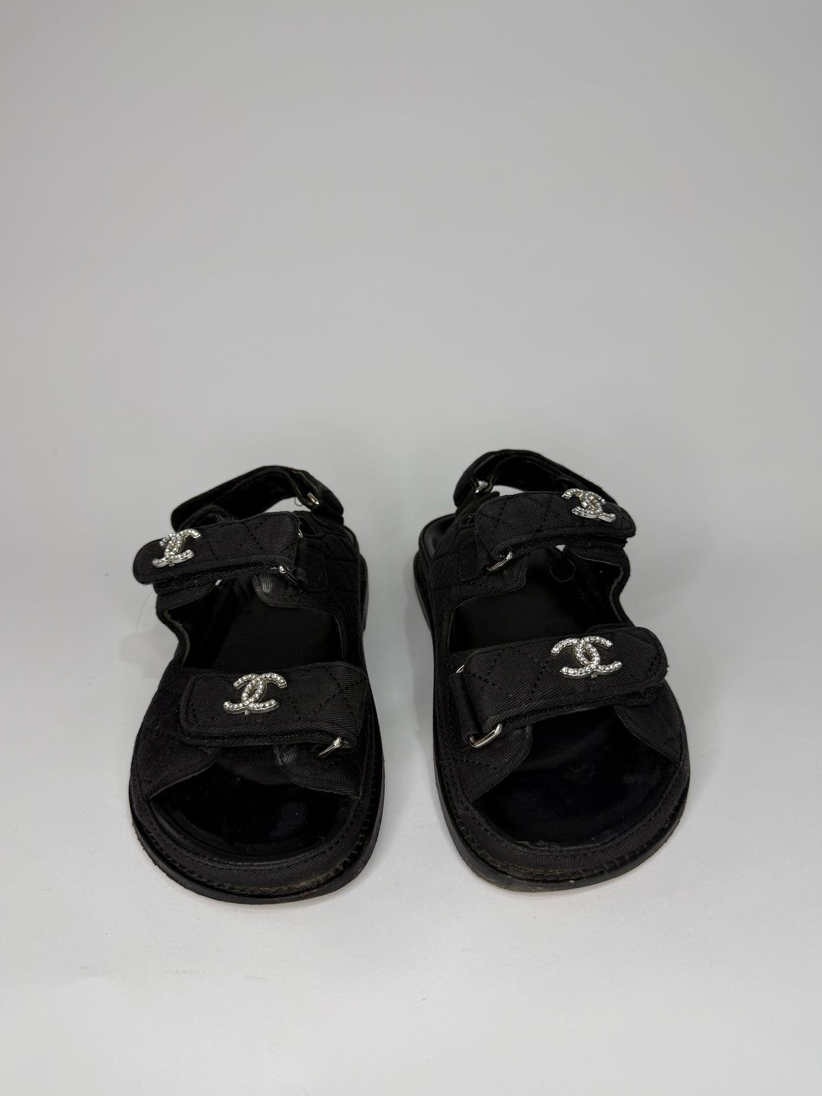 Chanel Black Quilted Fabric Diamond CC Dad Velcro Flat Sandals Size 36 EU/ 6 US/ 3 UK
