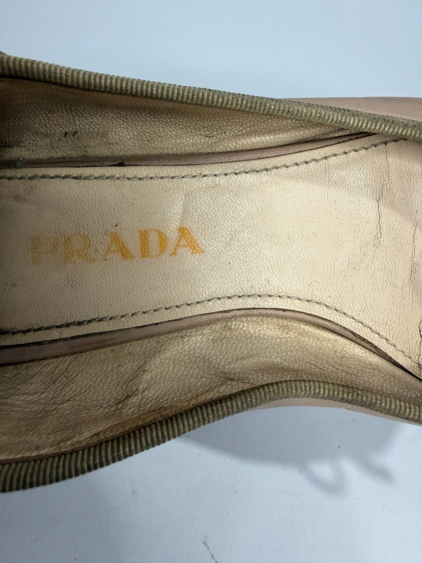 Prada Beige & Black Cap Toe Leather Ballet Flats with Bow Detail Size 36
