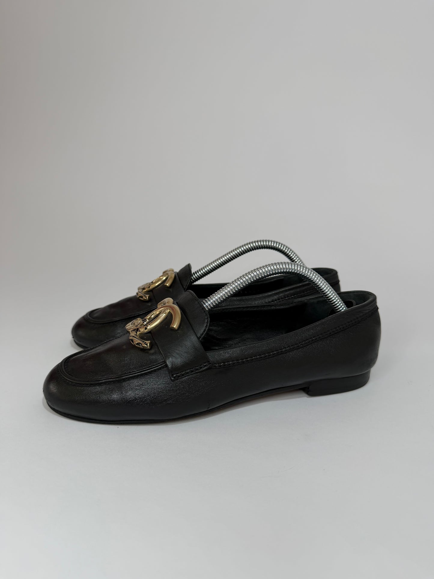 Chanel Black Leather Metal CC Slip On Loafers Size 35.5EU/5.5 US