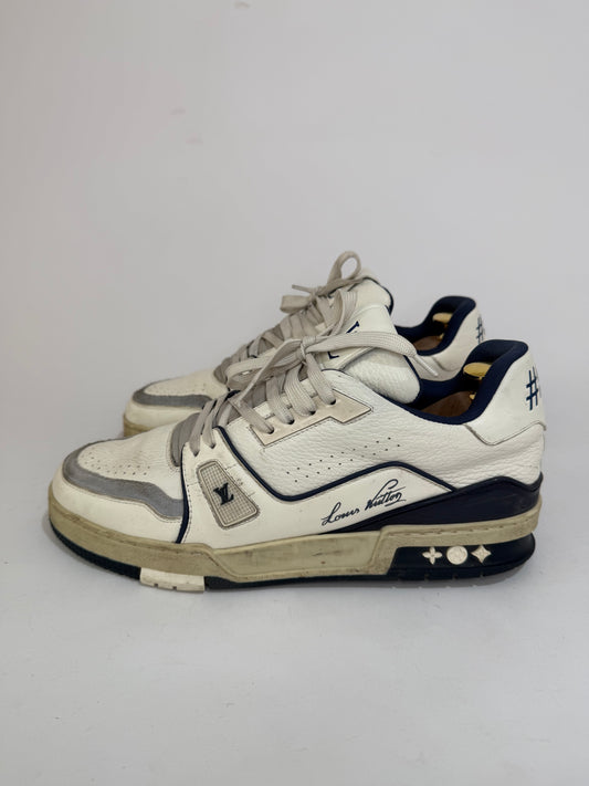 Louis Vuitton White/Blue Leather and Suede LV Trainer Sneakers Size 8.5 UK/ 9.5 US
