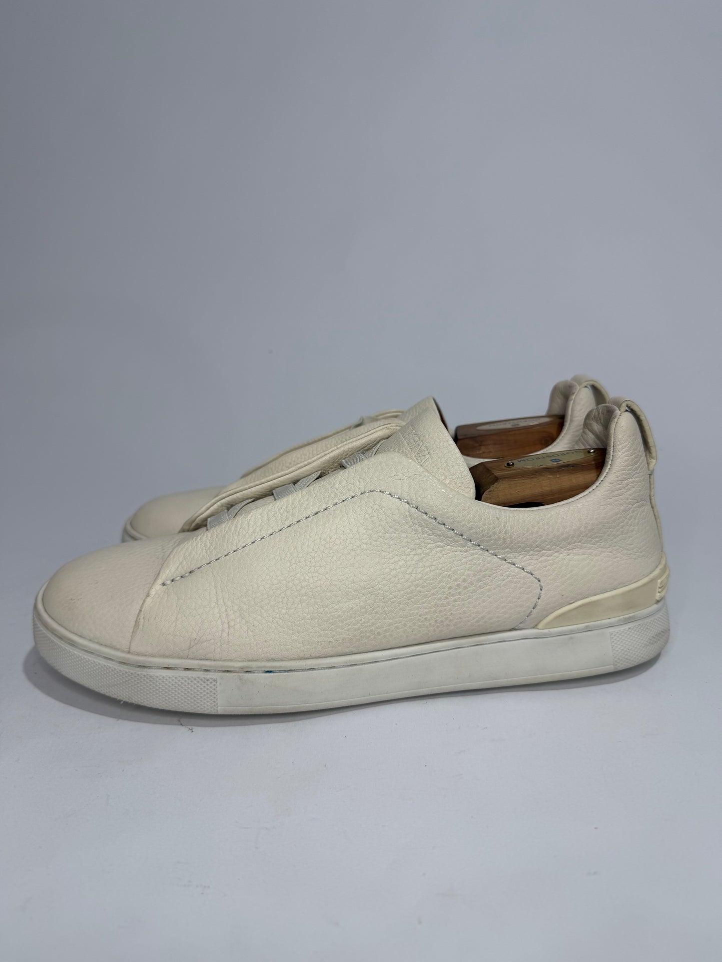 Ermenegildo Zegna Cream Leather triple stitch Slip On Sneakers Size 8 UK/ 9 US