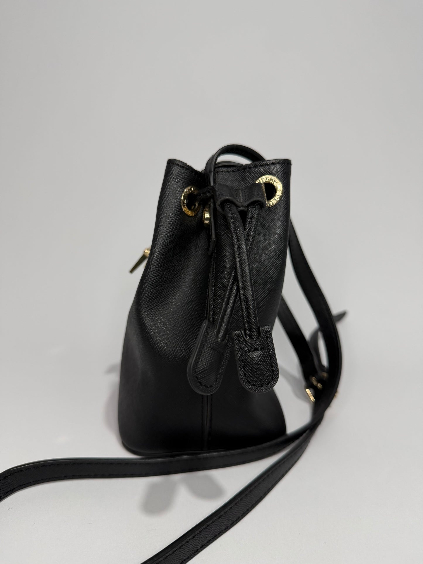 Vivienne Westwood Black Saffiano Leather Drawstring Crossbody Bag with Orb Lock
