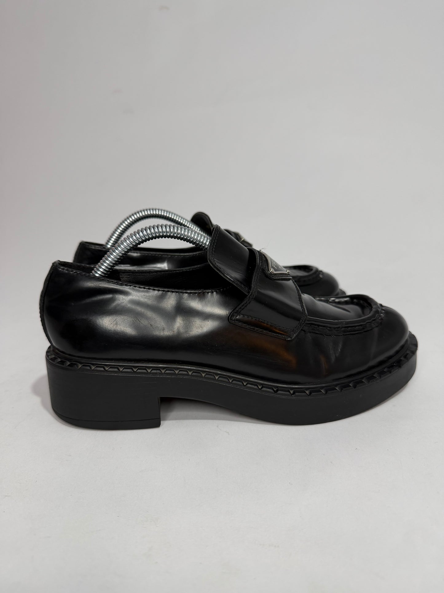 PRADA Vernice Metal Triangle Logo 50mm Loafers Size 36 EU/6 US/ 3UK