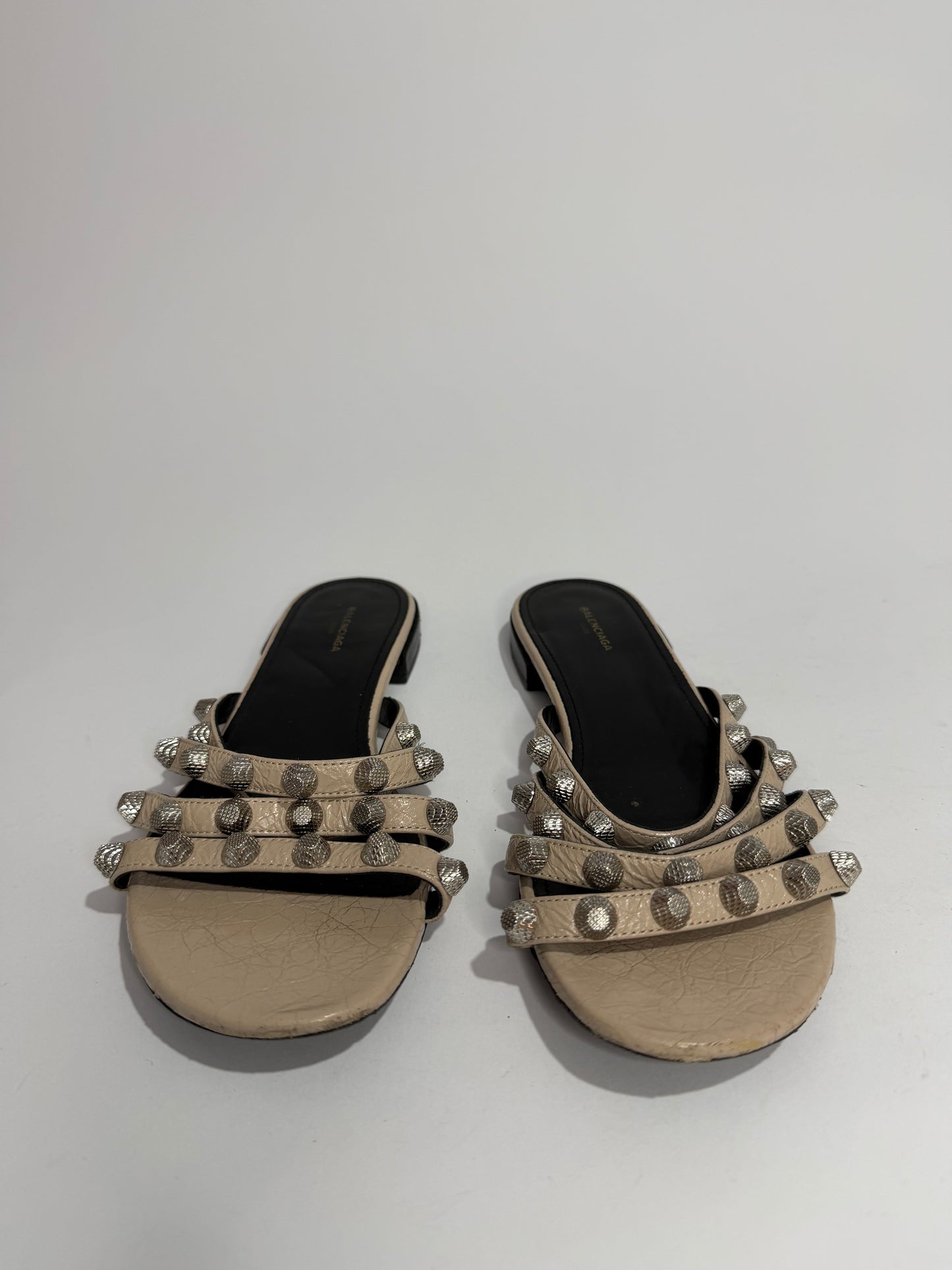 Balenciaga Beige Leather Arena Giant Studded Flat Slides Size 36