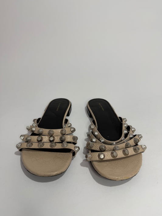 Balenciaga Beige Leather Arena Giant Studded Flat Slides Size 36