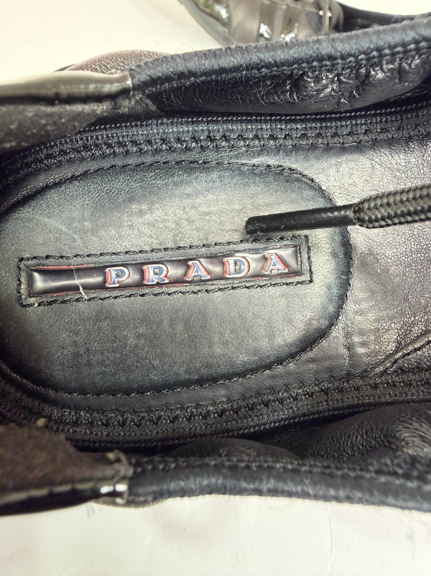 Prada Black Nylon and Leather Lace Up Flats Size 38 EU/ 8 US / 5 UK