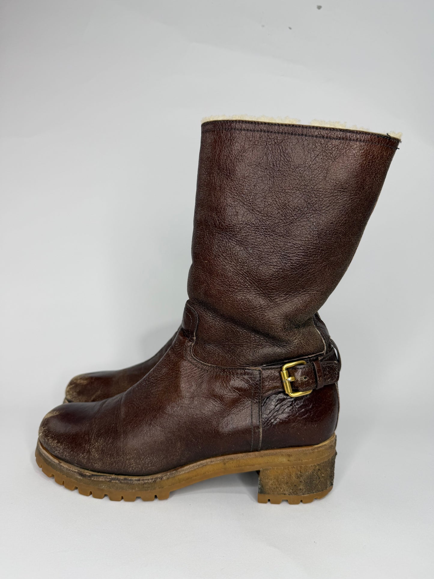 Prada Brown Shearling-Lined Leather Engineer Boots Buckle Moto Lug Sole Women’s EU 42