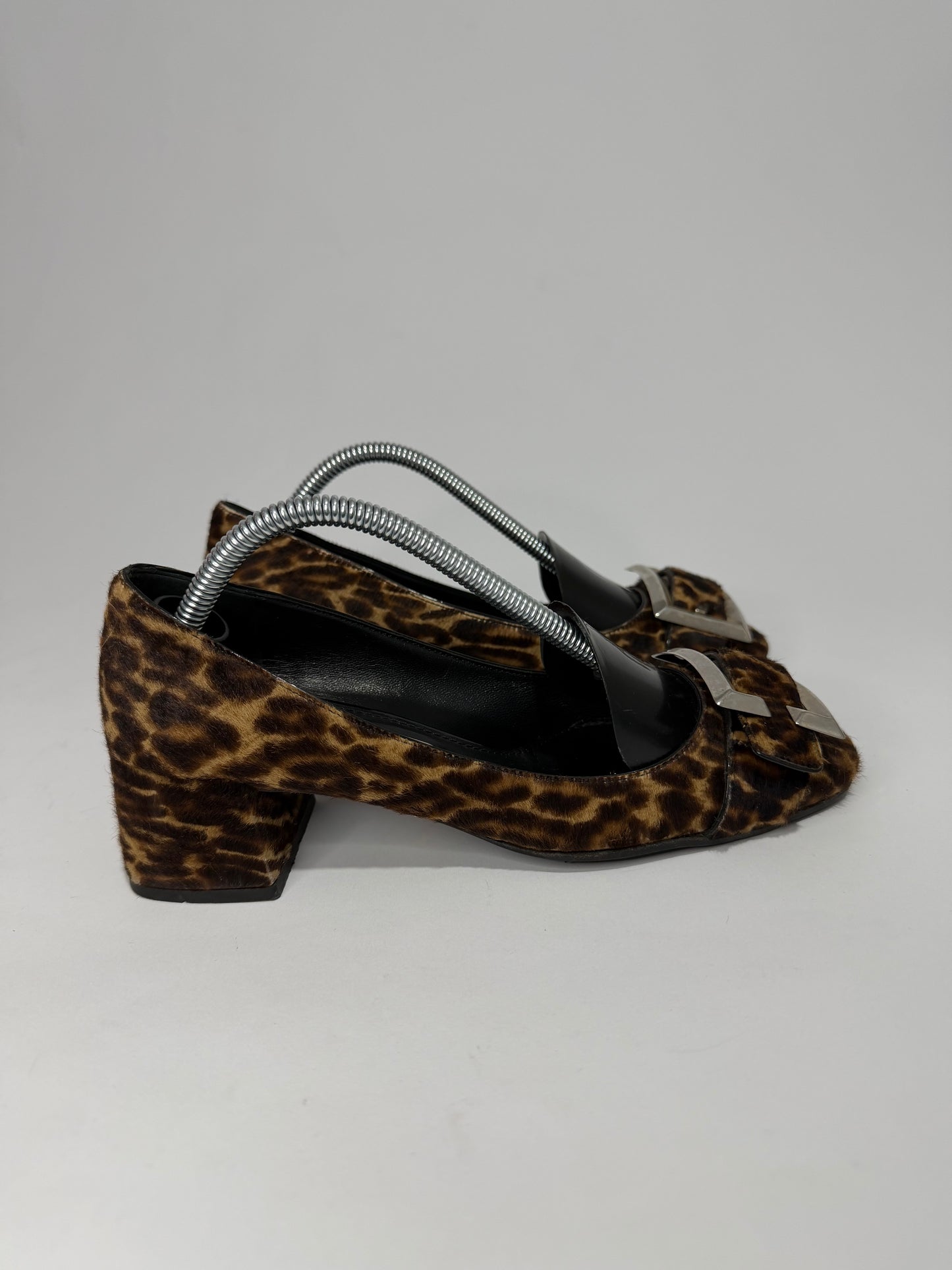 Prada Leopard Print Calf Hair Block Heel Pumps Buckle Square Toe Women’s EU 35 Made in Italy