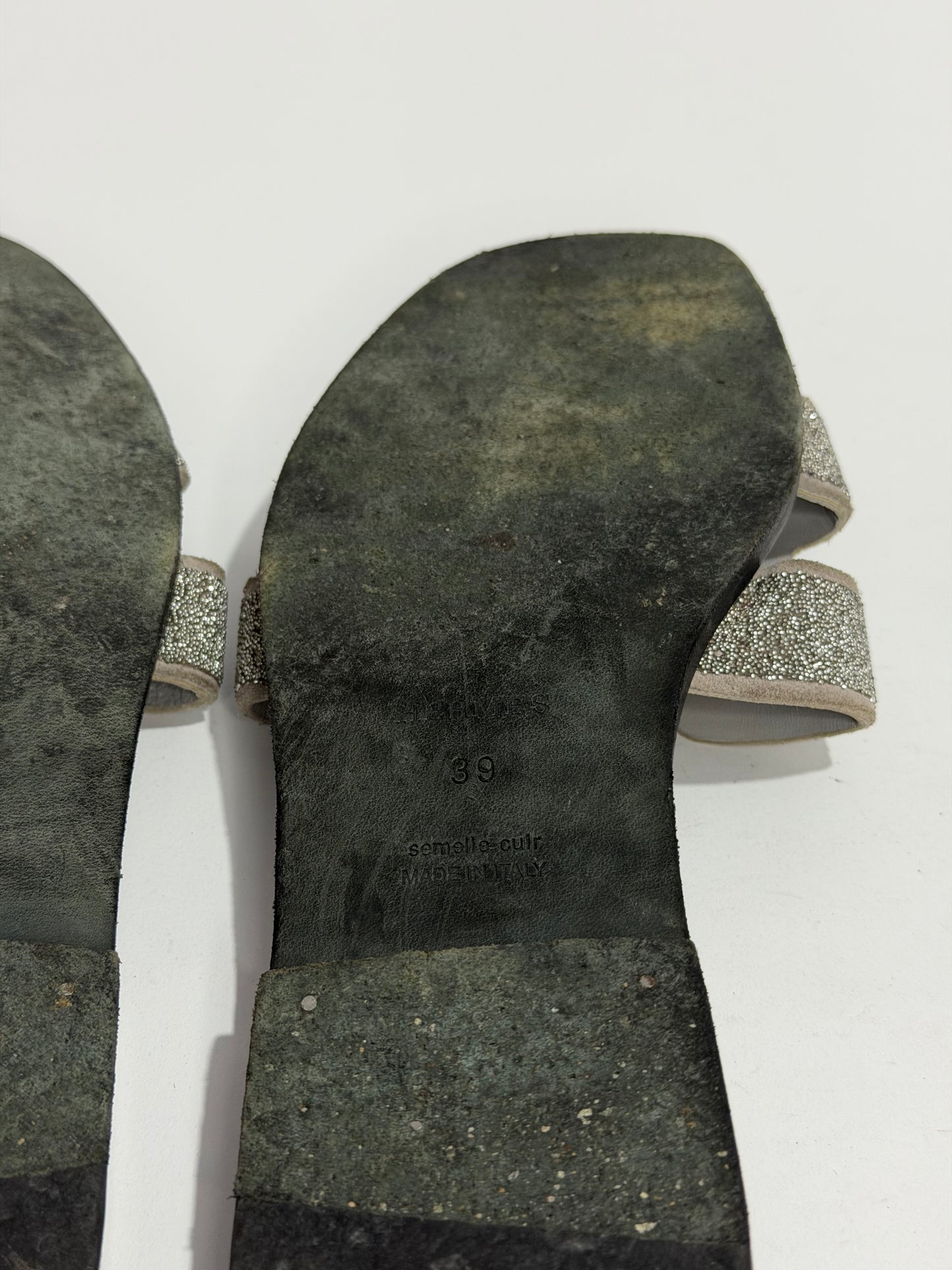 Hermes Silver Suede and Glitter Opne Toe Flat Oran Slides Size 39 EU/ 9 US