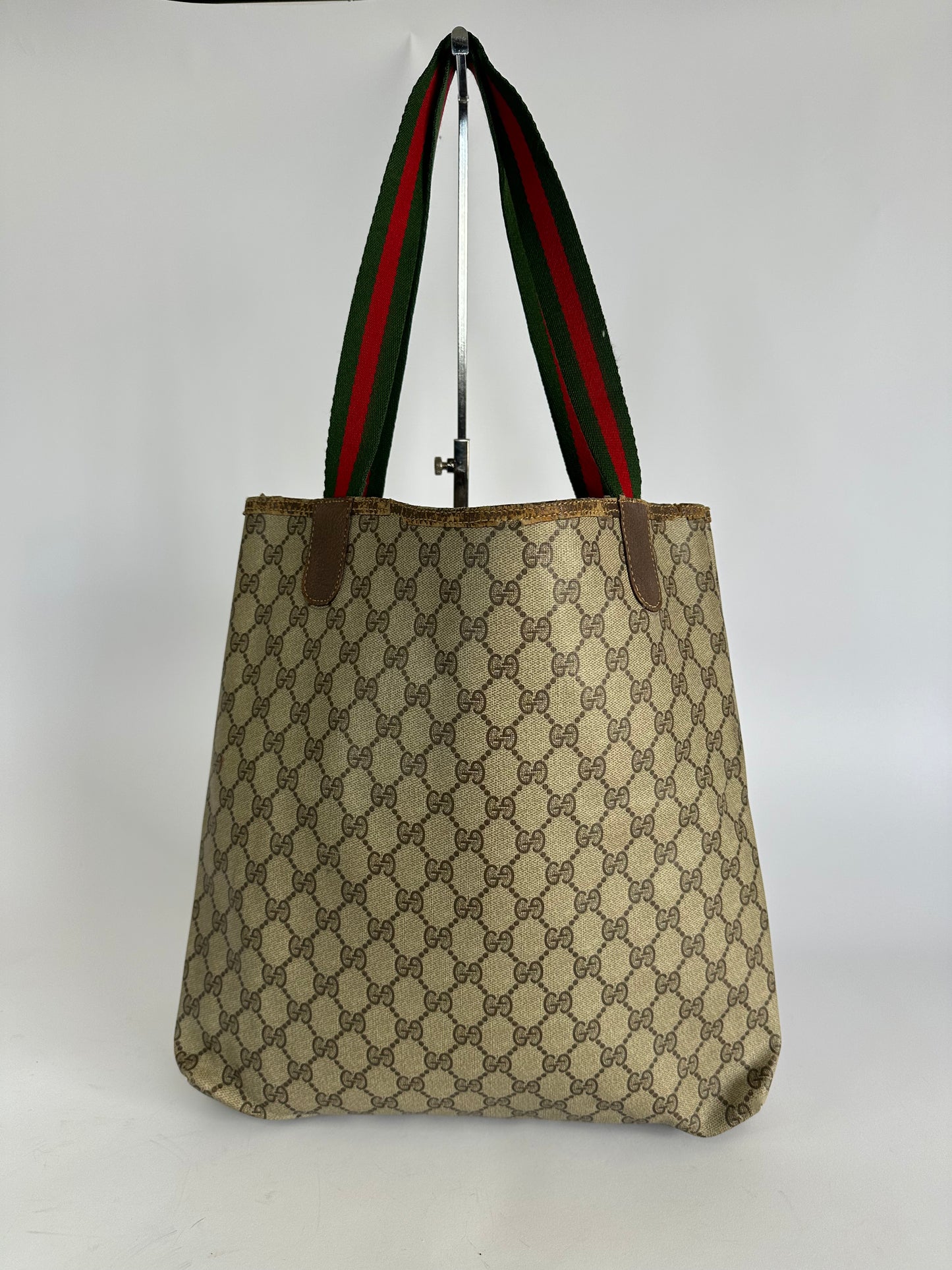 GUCCI VINTAGE GG Monogram Plus Tote Bag W/ Red/Green Web Straps