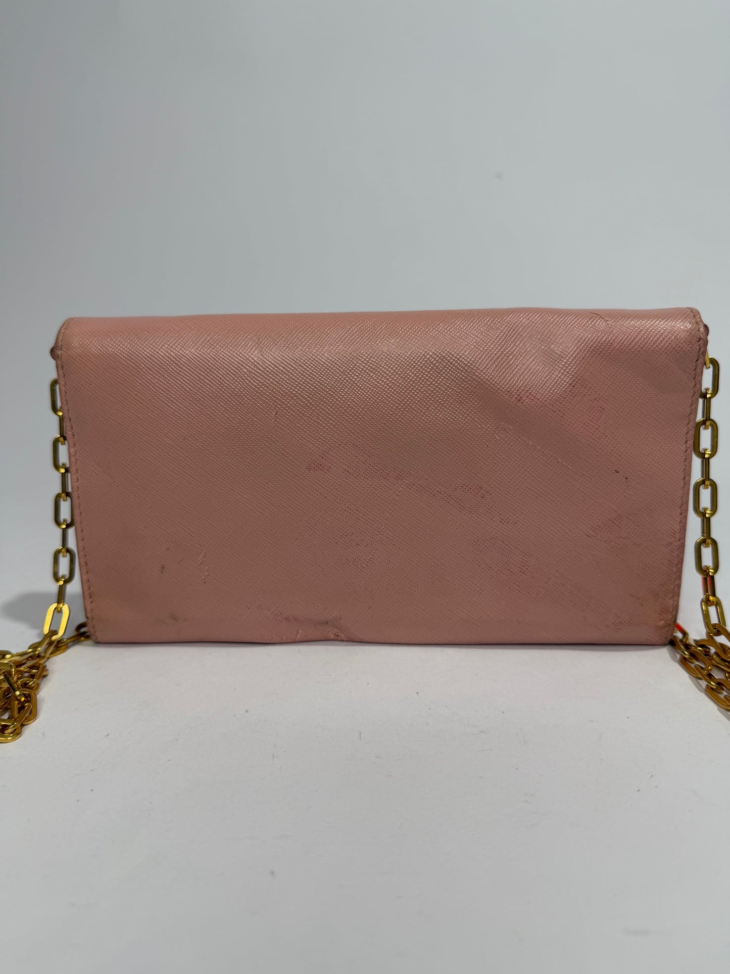 Prada Pink Saffiano Metal Leather Wallet on Chain