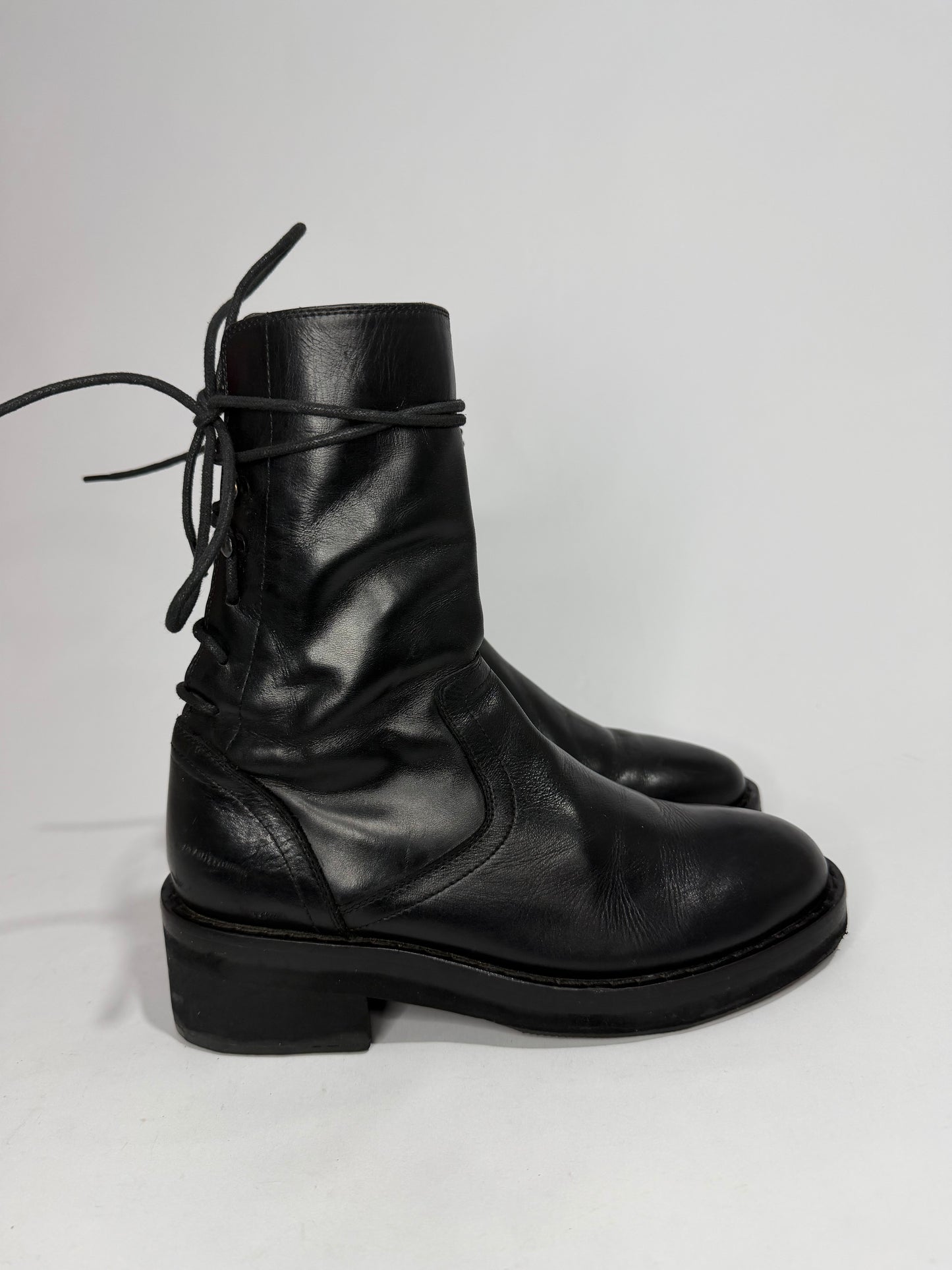 Ann Demeulemeester Black Leather Lace-Up Ankle Boots Size 36 IT/ 6 US