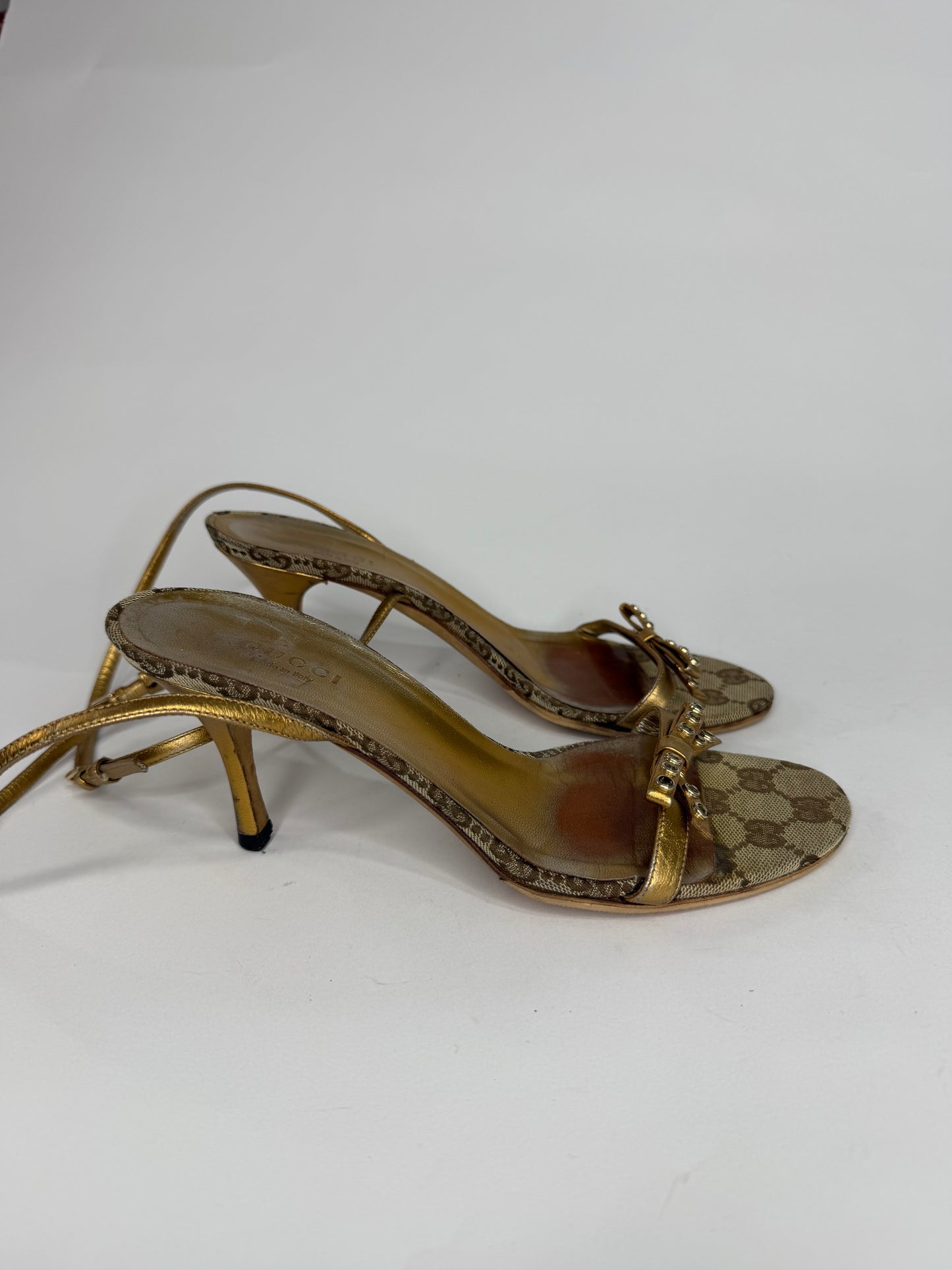 Gucci GG Canvas Gold Bow Ankle Strap Kitten Heel Sandals Women’s Size 36C