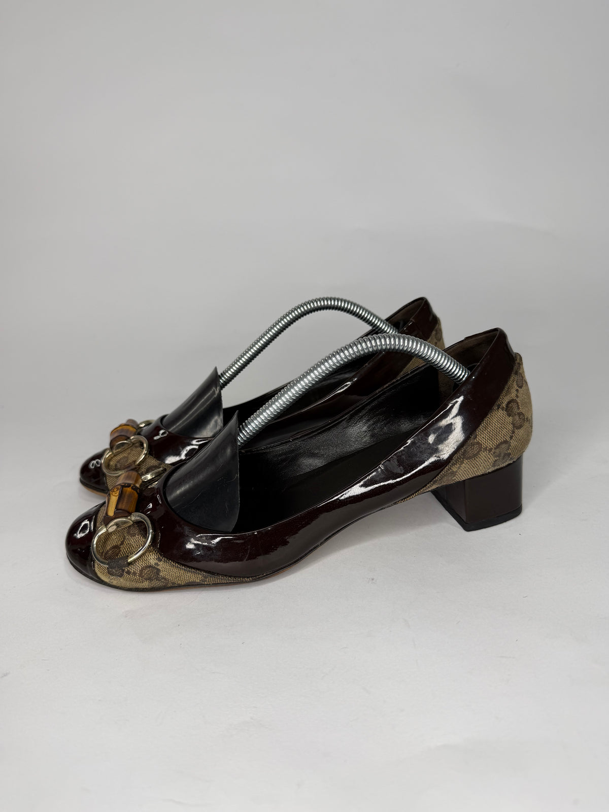 Gucci Brown GG Crystal Canvas and Leather Bamboo Horsebit Block Heel Pumps Size 37 EU/ 7 US / 4 UK