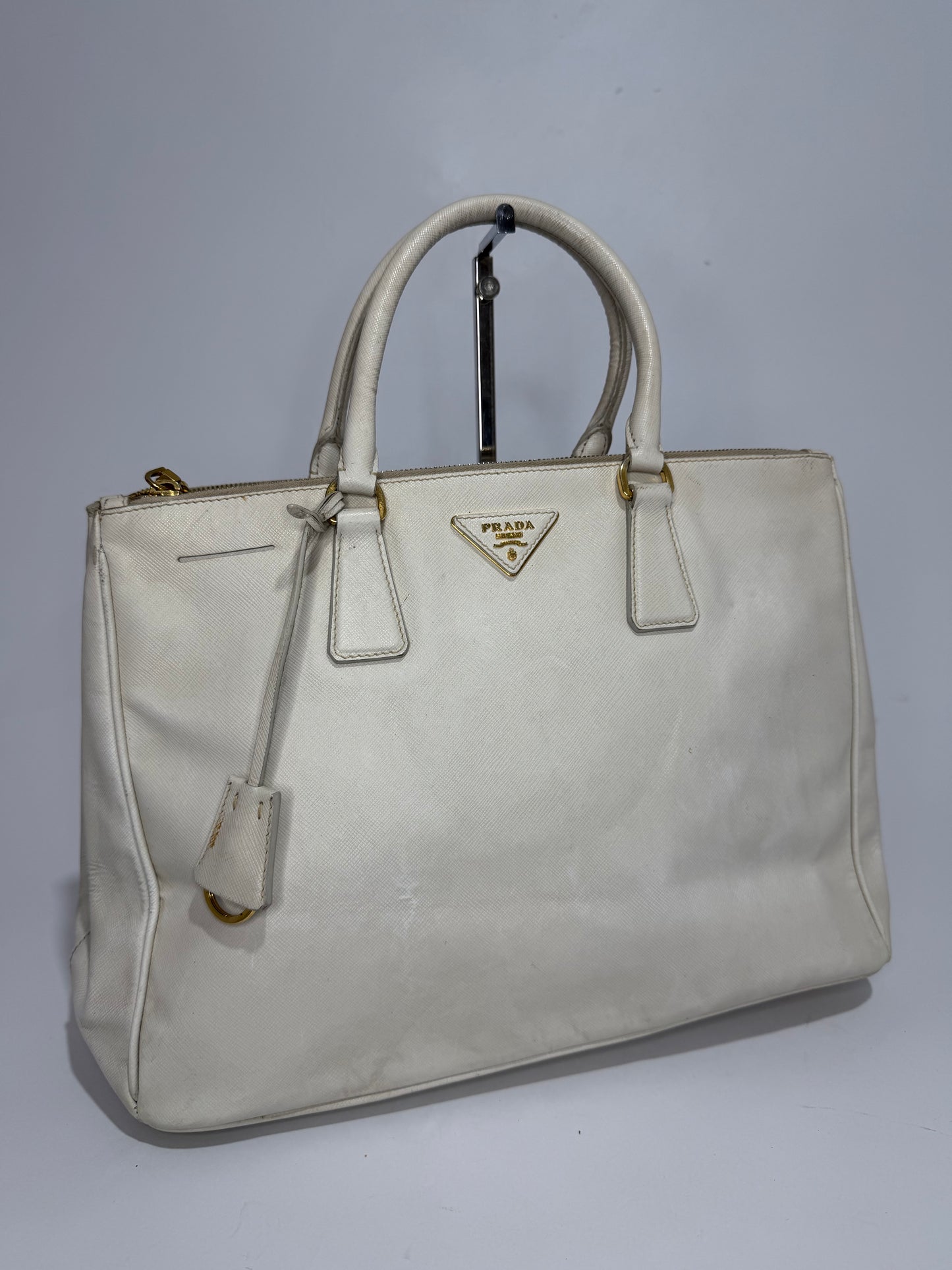 PRADA Grey Saffiano Lux Leather Large Double Zip Tote