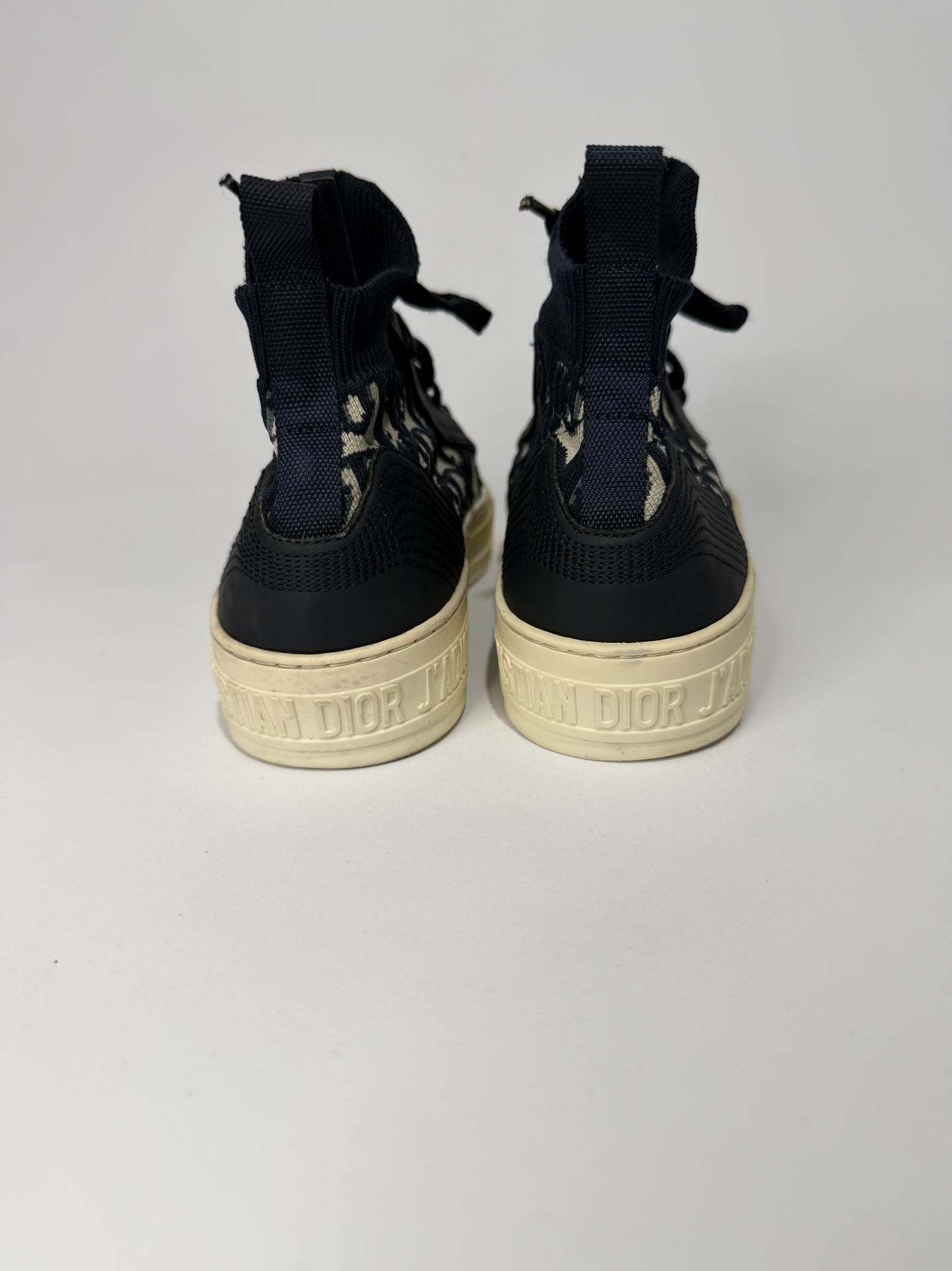 Dior Navy Blue Leather and Knit Fabric Walk n Dior High Top Sneakers Size