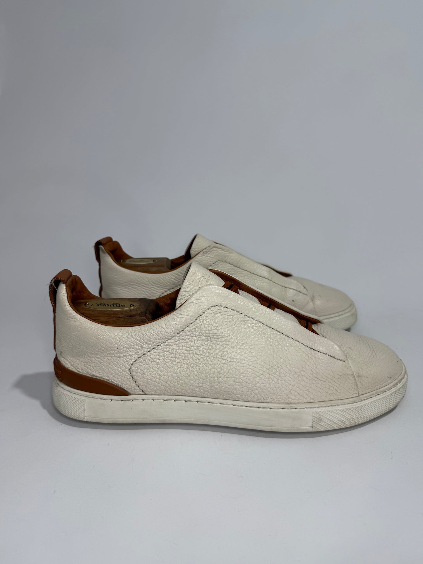 Ermenegildo Zegna Cream Leather triple stitch Slip On Sneakers Size 8.5 UK/ 9.5US