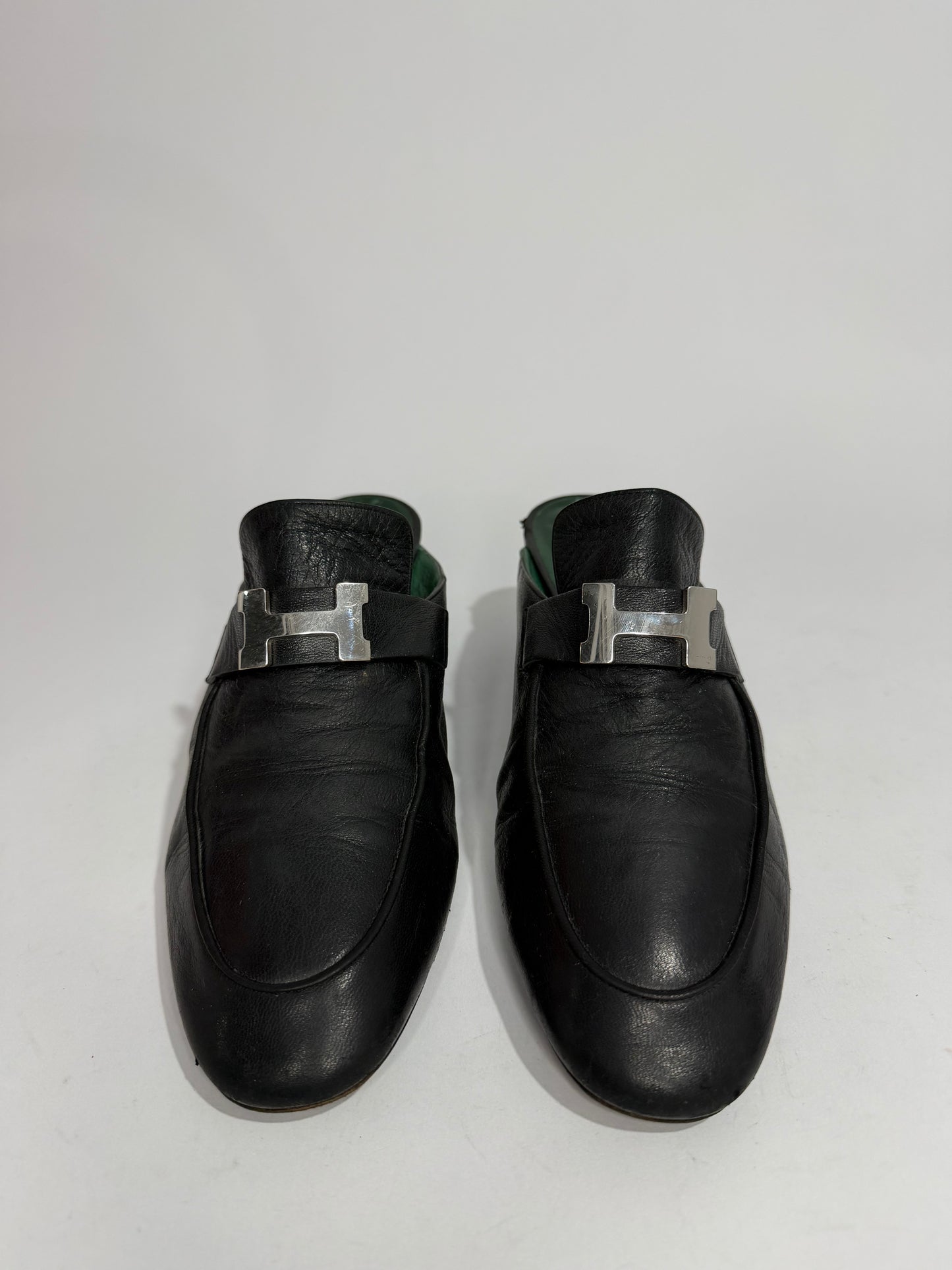 Hermes Black Leather Paradis Block Heel Mule Sandals Size 40
