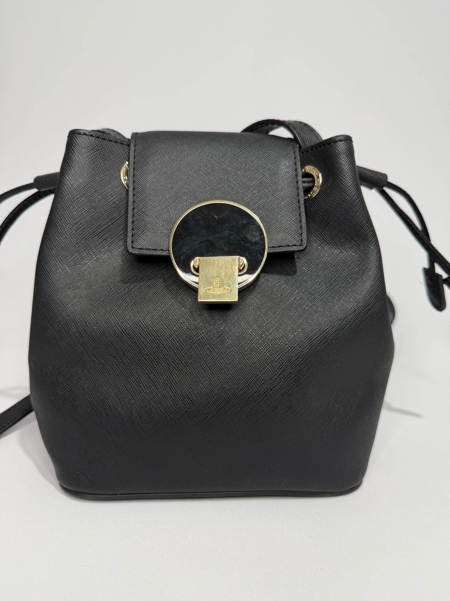 Vivienne Westwood Black Saffiano Leather Drawstring Crossbody Bag with Orb Lock