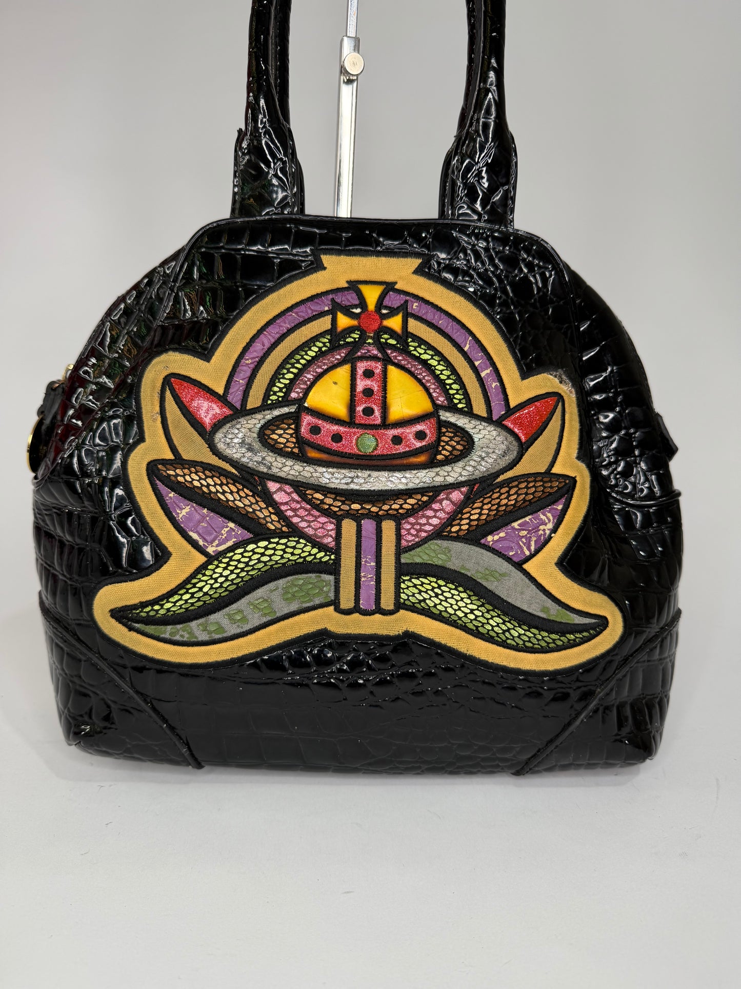 Vivienne Westwood Black Patent Croc-Embossed Orb Appliqué Handbag