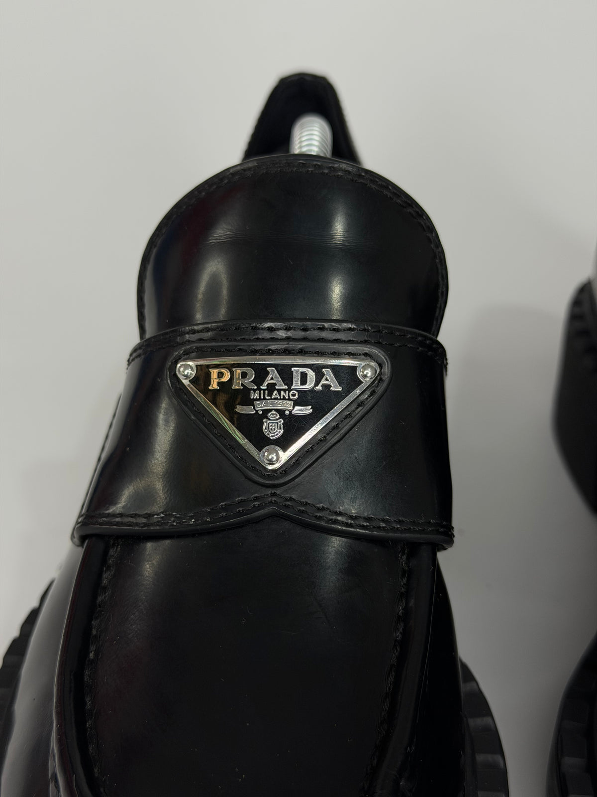 PRADA Vernice Metal Triangle Logo 50mm Loafers Size 37 EU/7 US/ 4 UK