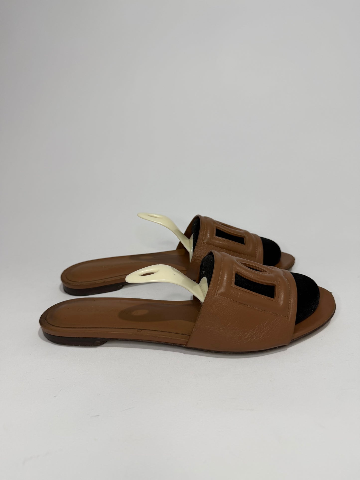 Dolce & Gabbana Logo Cutout Leather Slide Sandals Brown EU 38.5/ 8.5 US/ 5.5 US