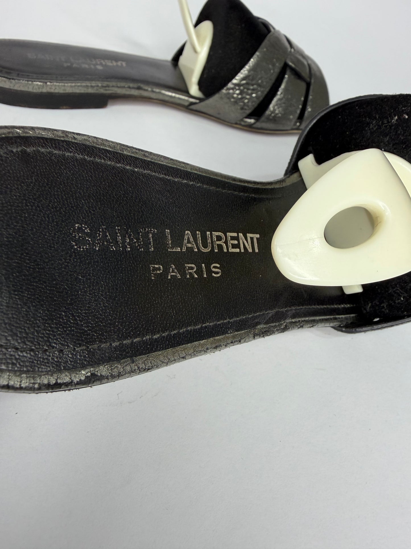 Saint Laurent Paris Silver Leather Tribute Flat Sandals Size 36 EU/ 6 US / 3 UK