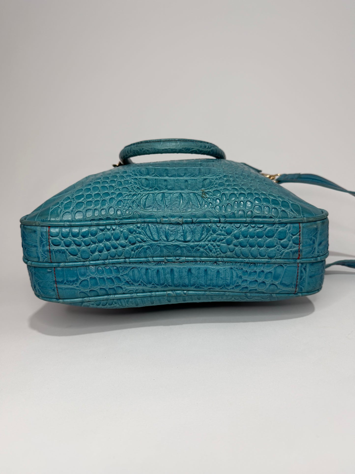 Vivienne Westwood Croc-Embossed Leather Top Handle Bag – Teal Blue Orb Logo Satchel w/ Strap