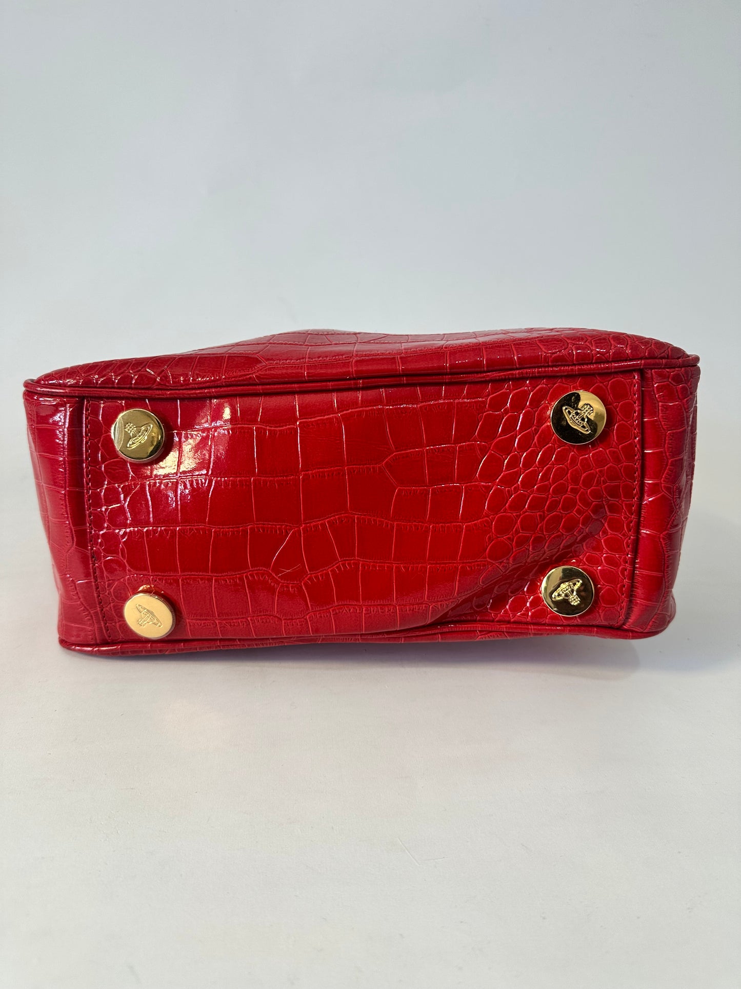 Vivienne Westwood Red Croc-Embossed Bowler Bag w/ Oversized Gold Glitter Orb Logo