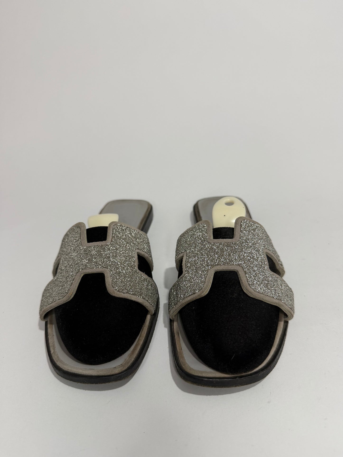 Hermes Silver Suede and Glitter Opne Toe Flat Oran Slides Size 39 EU/ 9 US