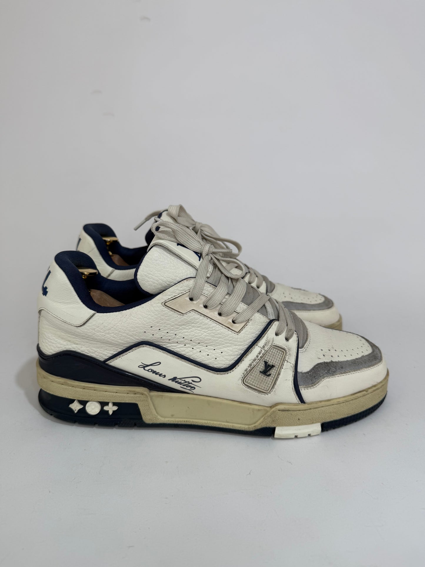 Louis Vuitton White/Blue Leather and Suede LV Trainer Sneakers Size 8.5 UK/ 9.5 US