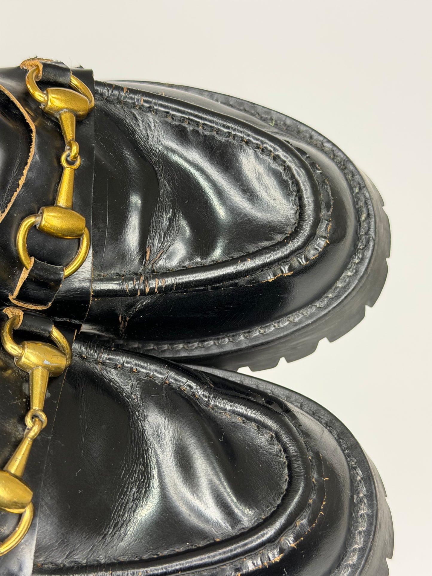 GUCCI
Cordovan Lux Womens Harald Horsebit 25mm Platform Loafers 40 Black