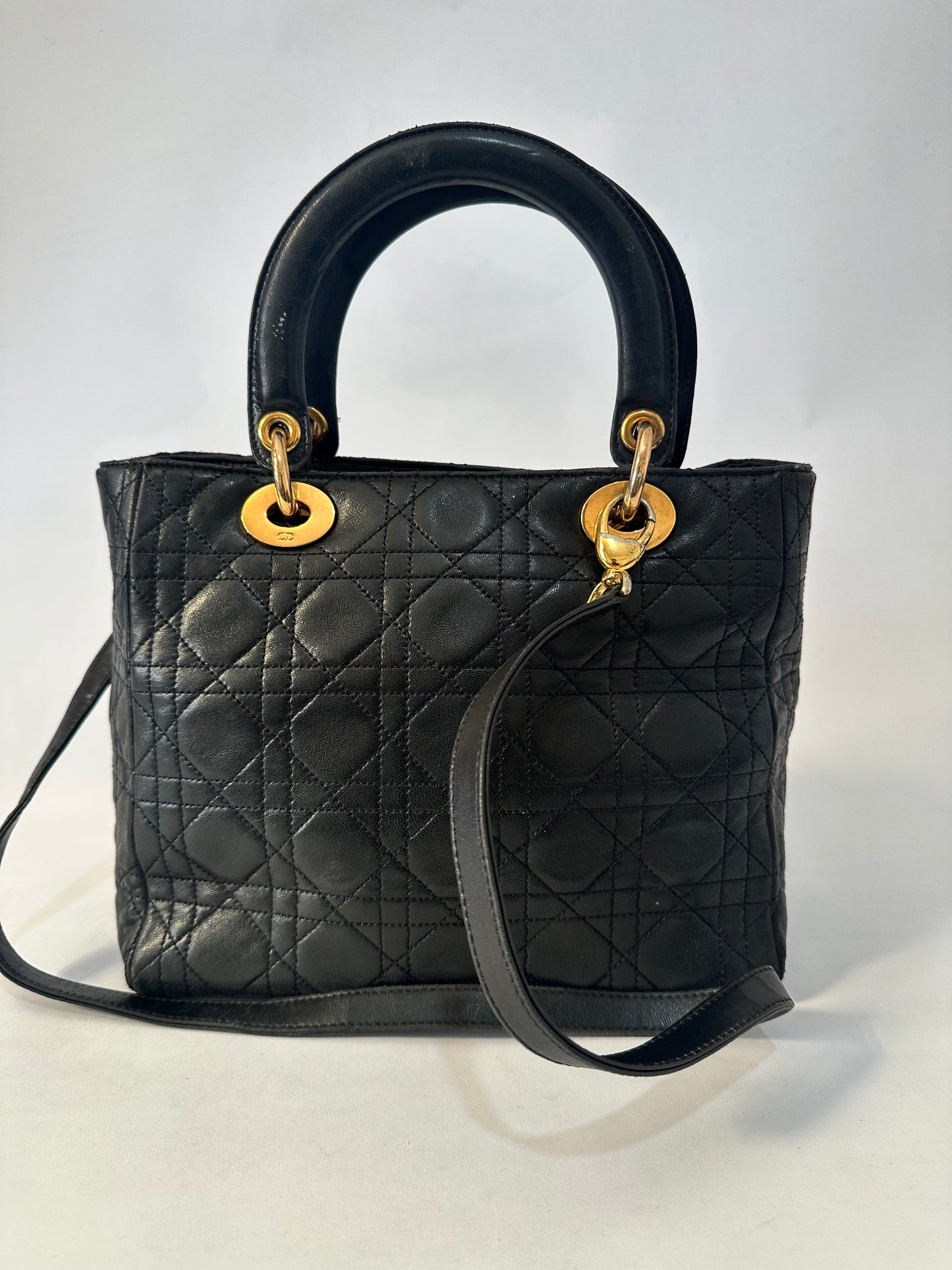 VintageDior Black Cannage Leather Medium Lady Dior Tote