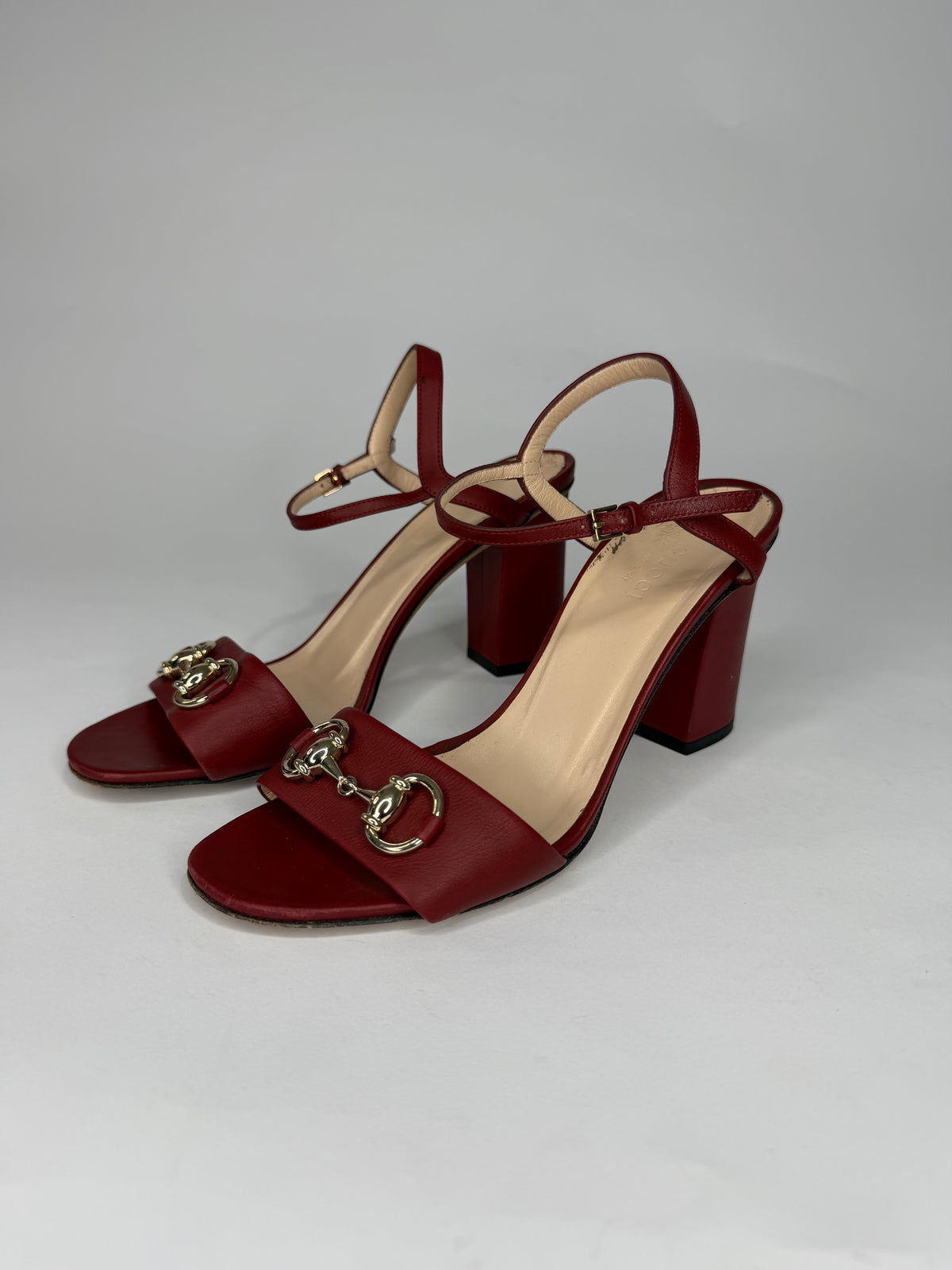 Gucci Red Leather Horsebit Open Toe Block Heel Ankle Strap Sandals Size 36.5 EU
