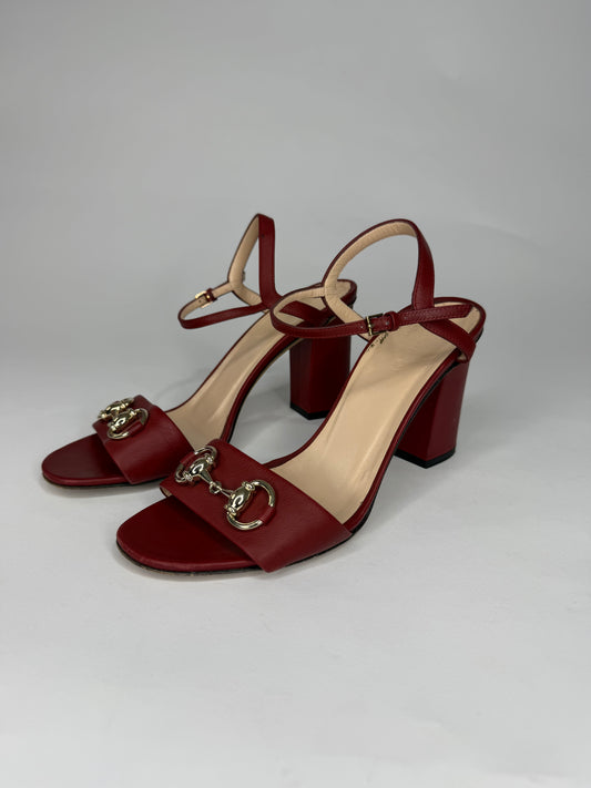Gucci Red Leather Horsebit Open Toe Block Heel Ankle Strap Sandals Size 36.5 EU