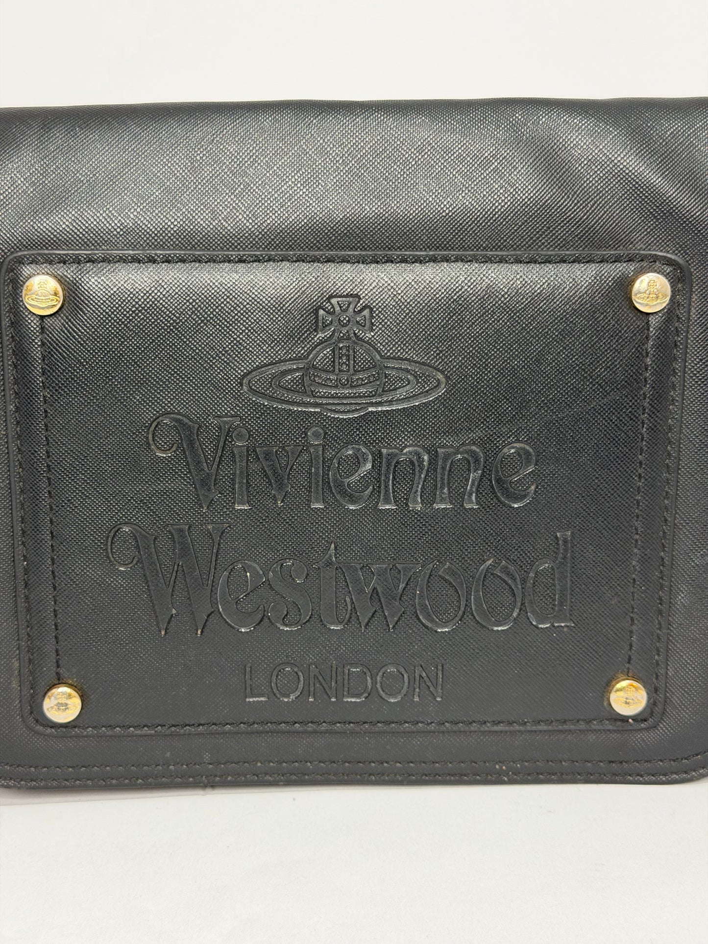 Vivienne Westwood London Black Logo Flap Shoulder Bag Crossbody Gold Chain