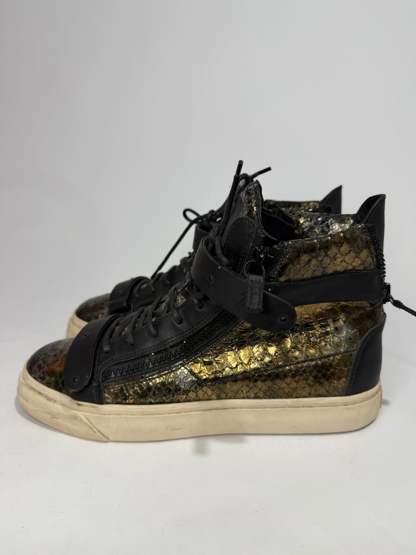 Giuseppe Zanotti Black/Gold Python Embossed Leather Double Zip High Top Sneakers Size 43 EU
