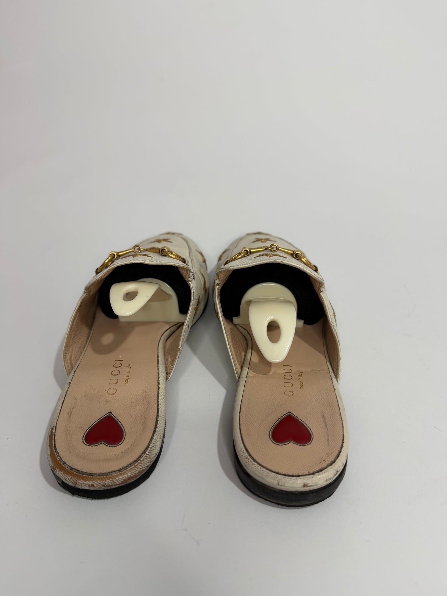 Gucci Cream Leather Bee and Star Embroidered Princetown Flat Mules Size 37.5 EU/ 7.5 US/