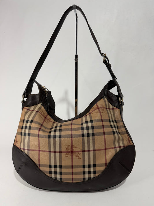BURBERRY
Chocolate Leather Haymarket Check Coated Canvas Dachett Medium Hobo Bag