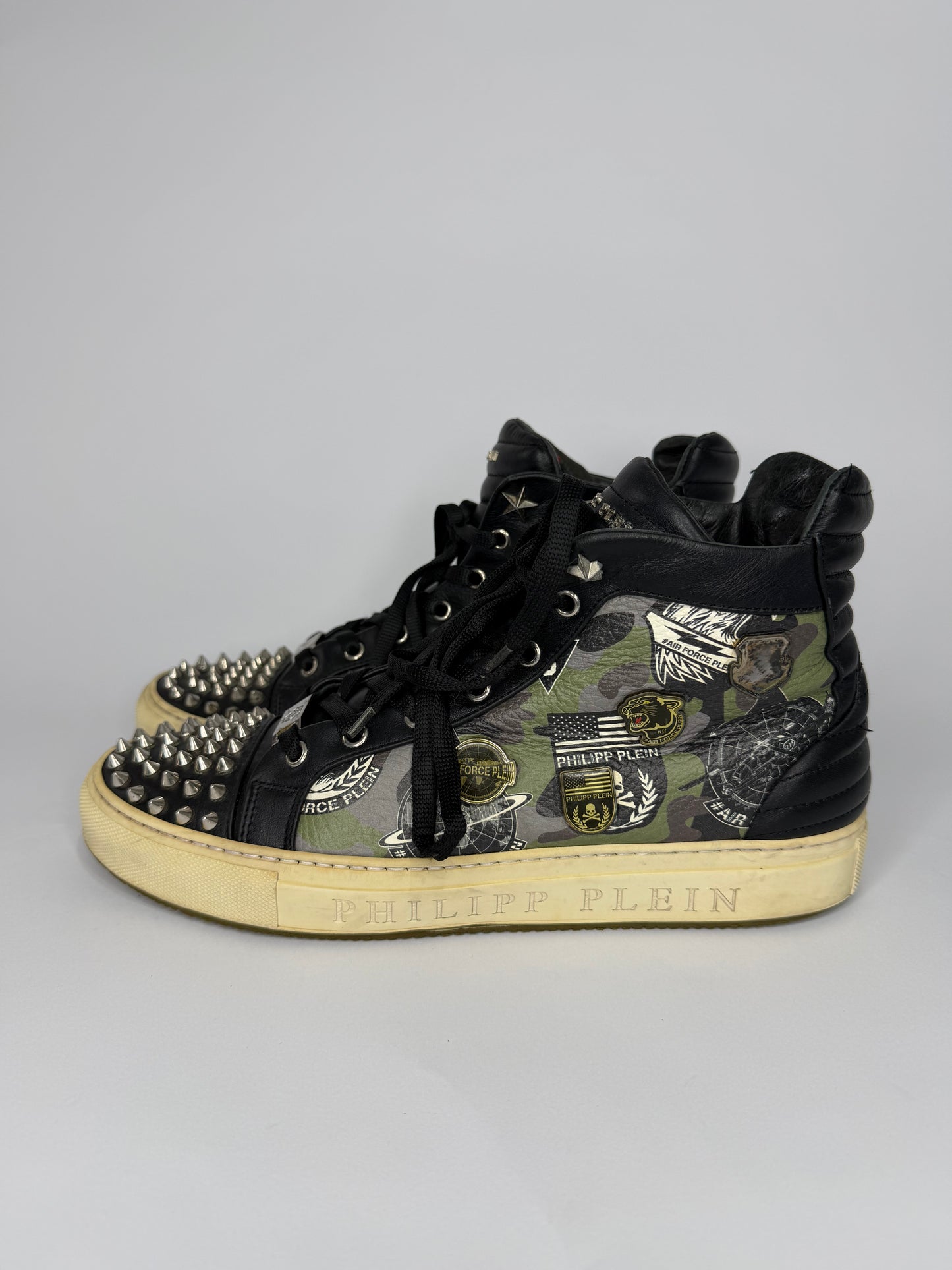 Philipp Plein Studded High-Top Sneakers Black Camo Leather Military Print Men’s EU 42